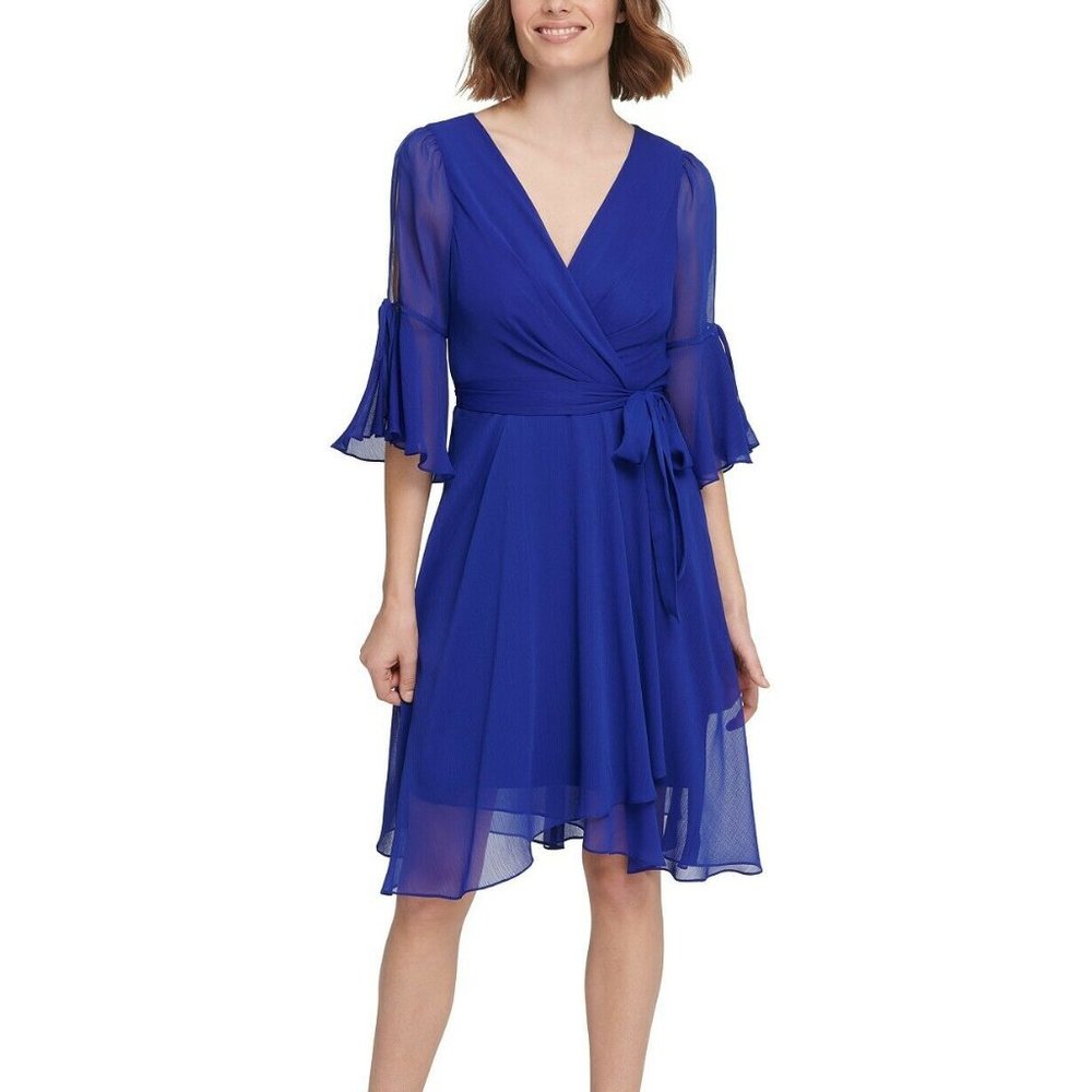 NWT DKNY Split Bell-Sleeve Wrap-Look Chiffon Dress